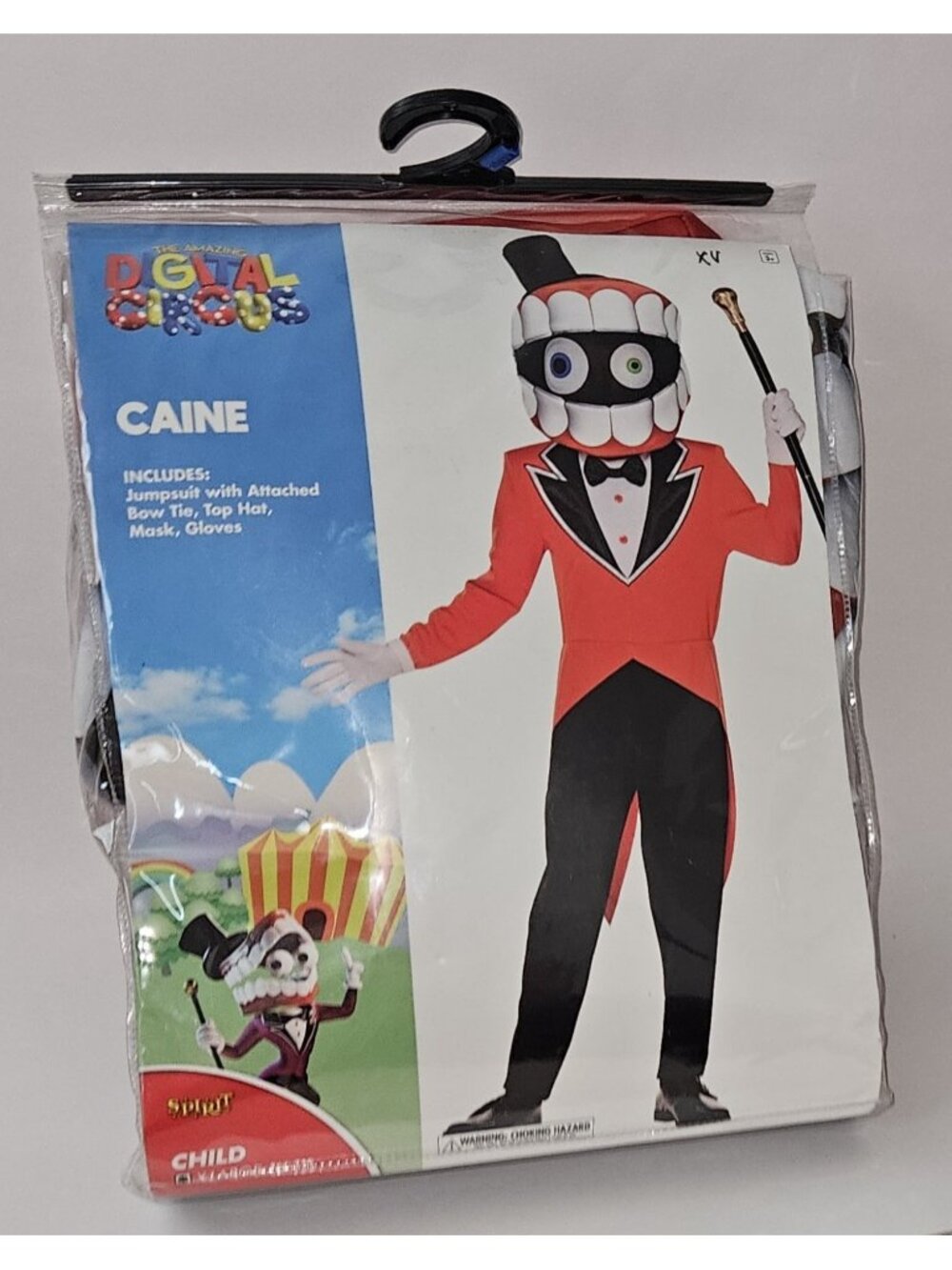 Caine Digital Circus Spirit Halloween Costume Child XL 14-16 Jumpsuit Mask Hat